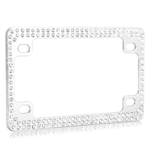 Double Row Chrome Metal Motorcycle License Plate Frame with Clear Crystals